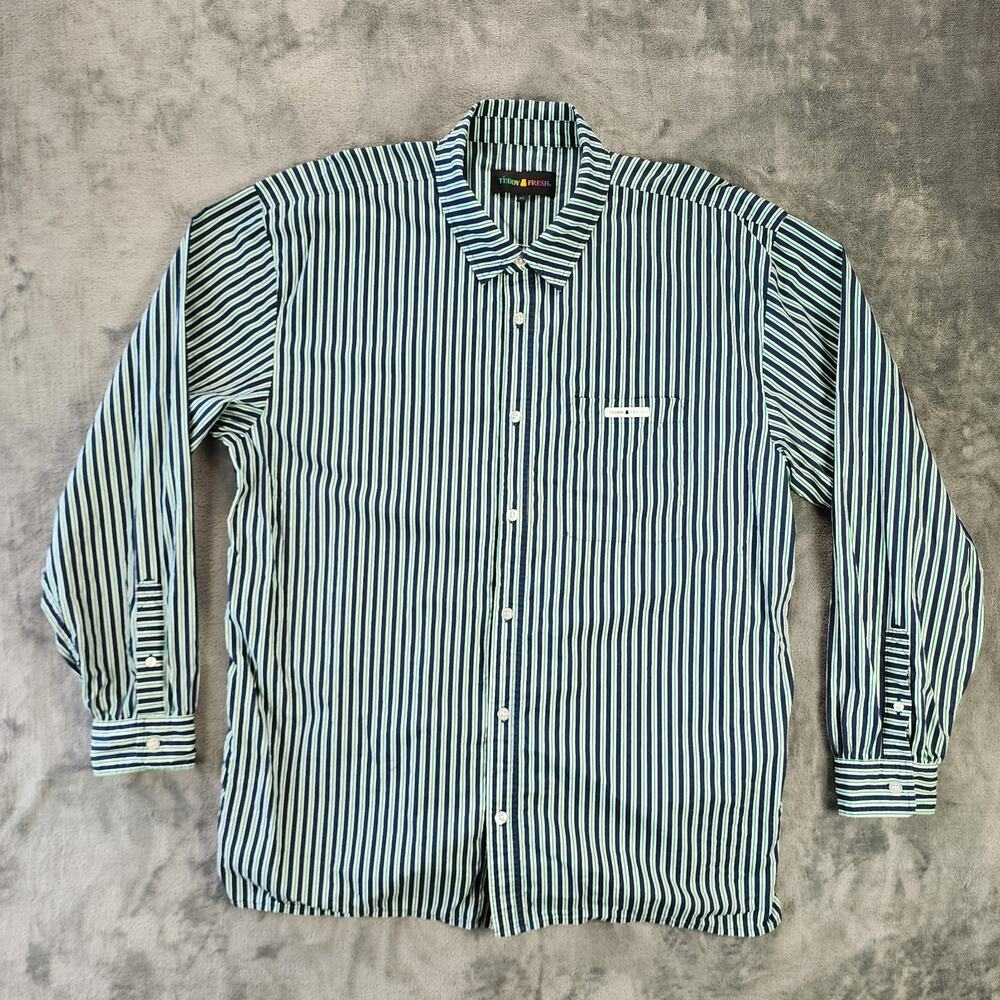 Teddy Fresh Shirt Men's XL Blue Green Striped Button Up Oxford Embroidered - Picture 2 of 11